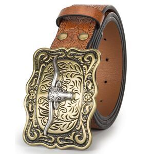 3757 Western-cowboy-leather-belts- Bull-head-embossed-country-belts